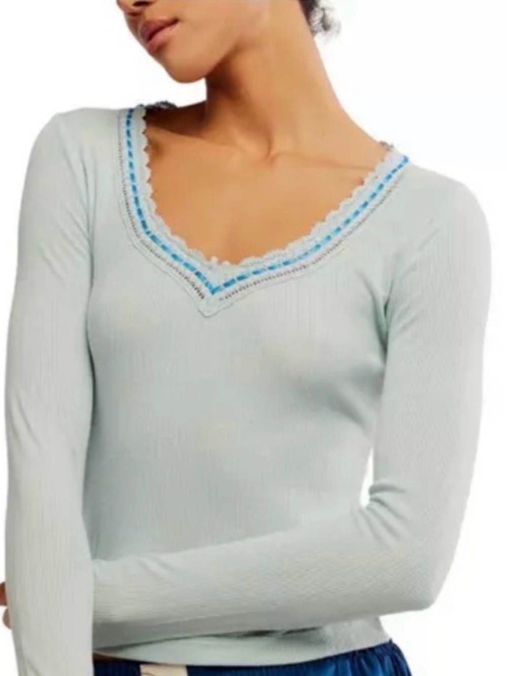 Free People Pale Blue Ribbed Long Sleeve V-Neck Top